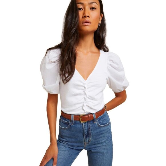 NATION LTD Giada Top White Puff Sleeves Gathered, Size XS - Picture 1 of 11